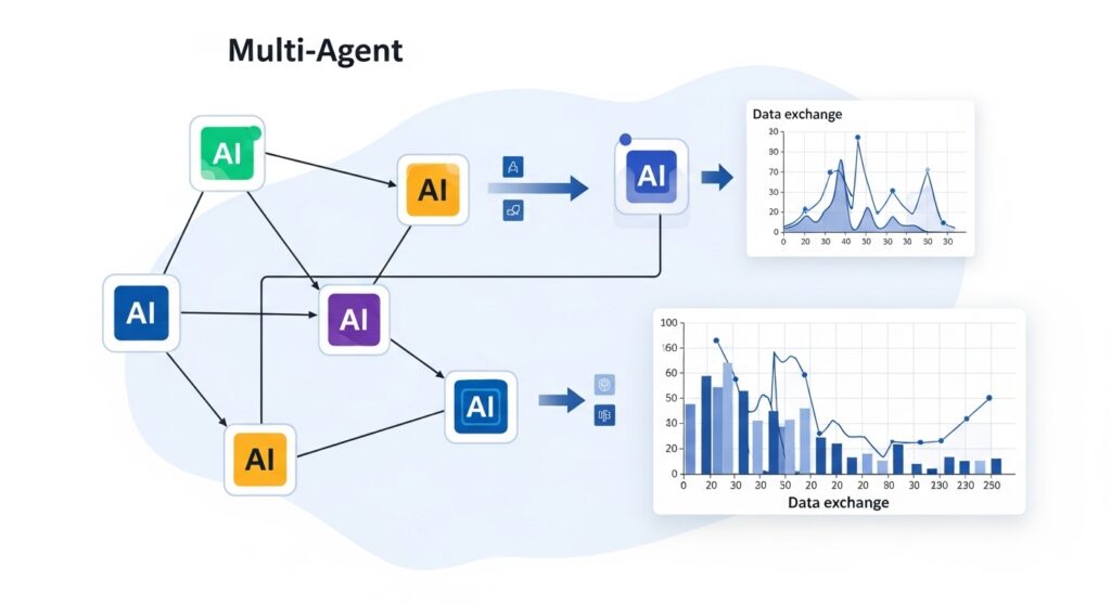 Ilustração de sistemas multi-agentes de IA trabalhando colaborativamente em uma rede interconectada, com gráficos e dados fluindo entre diferentes nódulos de inteligência artificial