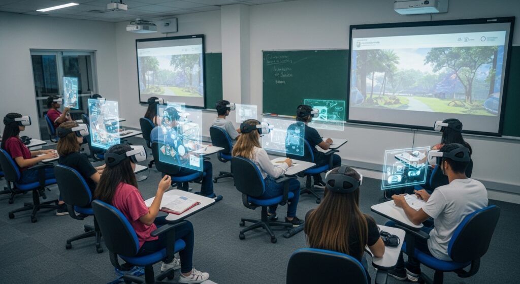 a crescente adoção de realidade virtual na educação (VR) e realidade aumentada (RA)