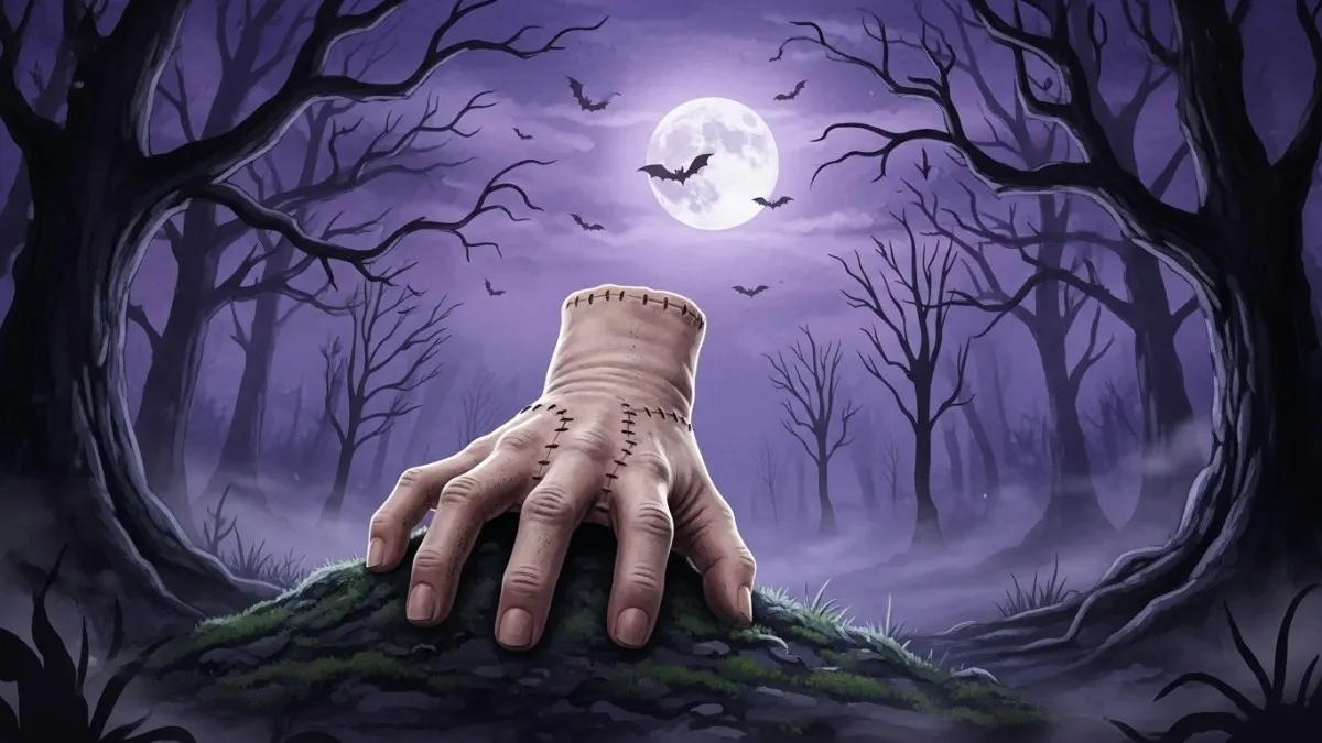 Mãozinha Addams: Origem, História e Todos os Segredos da Mão Misteriosa 1 mãozinha-addams-em-cima-de-monte-de-terra-ambiente-terror