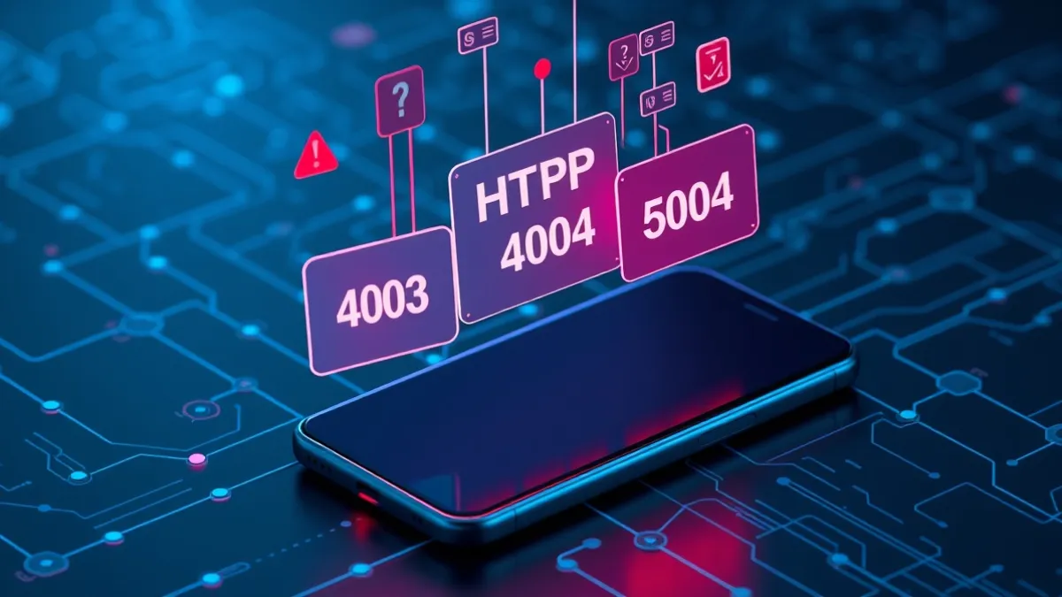 Mediocre Toons Não Abre No Celular? Veja O Que Fazer Quando Dá Erro 2 a futuristic cybersecurity-inspired smartphone scene showing three floating digital error panels representing http 403, 404 and 502, red warning symbols, server connection lines and broken network nodes surrounding a modern smartphone, dark blue technological background, cinematic lighting, realistic 3d interface elements, premium technology news illustration, no logos, no copyrighted elements, 16:9
