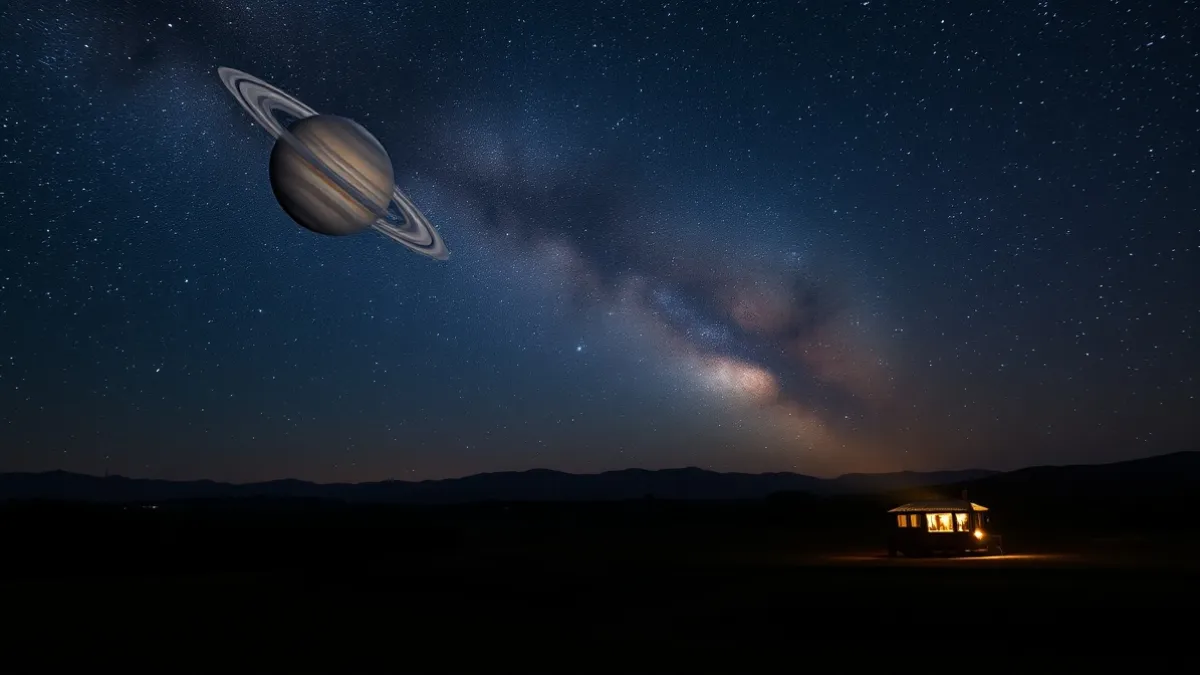 Outubro Terá Chuva De Meteoros Do Cometa Halley E Saturno Em Destaque 5 a breathtaking realistic night sky over a dark rural landscape in brazil, saturn prominently visible with its rings, bright stars scattered across the sky, subtle meteor trails from a meteor shower crossing the atmosphere, cinematic astrophotography, realistic colors, dramatic but natural lighting, highly detailed, scientifically accurate astronomy scene, immersive composition, wide 16:9 editorial image, premium science magazine photography, no people, no text, no logos, no watermark
