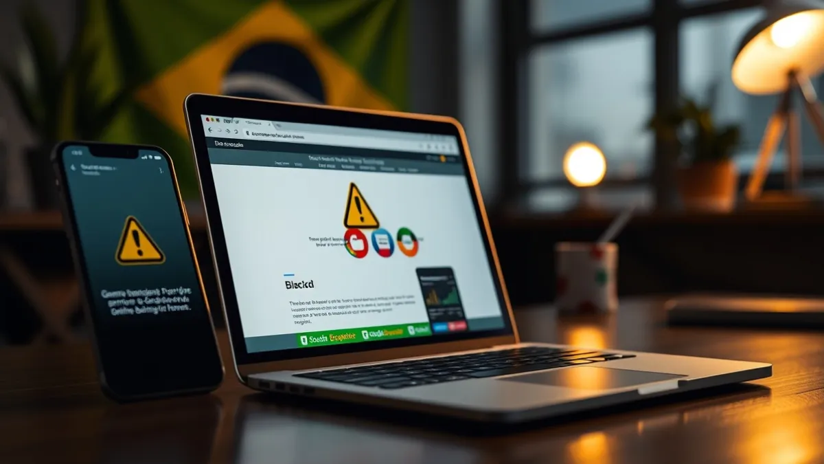 Governo Manda Bets Redirecionarem Usuários Para Site Brasil Sem Bets; Veja O Que Acontece Com Seu Dinheiro 2 create a highly realistic editorial news photograph about the brazilian government shutting down online betting platforms. show a modern smartphone and laptop displaying a generic online betting website suddenly blocked, with a prominent digital warning symbol and a subtle brazilian flag element in the background. include visual references to brazil's government regulation, cybersecurity and internet restriction, with a serious and urgent atmosphere. cinematic newsroom lighting, realistic reflections, sophisticated composition, high detail, professional brazilian news portal aesthetic, photorealistic, 16:9 horizontal composition, strong visual impact for google discover, no readable text, no logos, no brand names, no watermark.