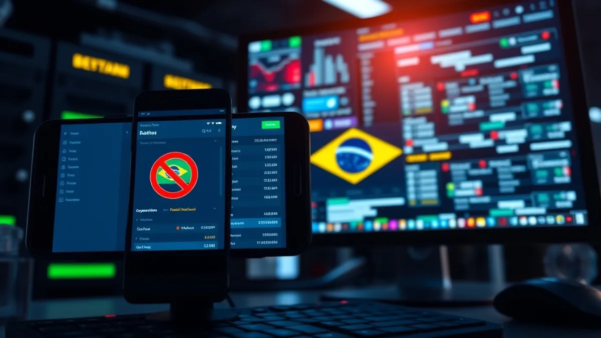 Governo Manda Bets Redirecionarem Usuários Para Site Brasil Sem Bets; Veja O Que Acontece Com Seu Dinheiro 3 create a realistic editorial news image showing an online betting platform being blocked in brazil. a smartphone screen and computer monitor display a generic betting interface becoming inaccessible, with a digital red restriction symbol and a subtle brazilian flag reflected on the screen. in the background, suggest government regulation and internet infrastructure using servers, digital networks and security elements. serious journalistic atmosphere, modern technology, dramatic but credible lighting, photorealistic, highly detailed, professional news website photography, 16:9 horizontal composition, no readable text, no logos, no recognizable betting brands, no watermark.